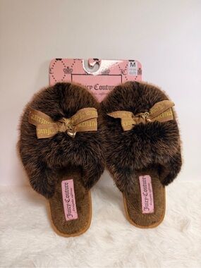 Juicy Couture Brown Faux Fur Slide Slippers with Gold Heart Charm